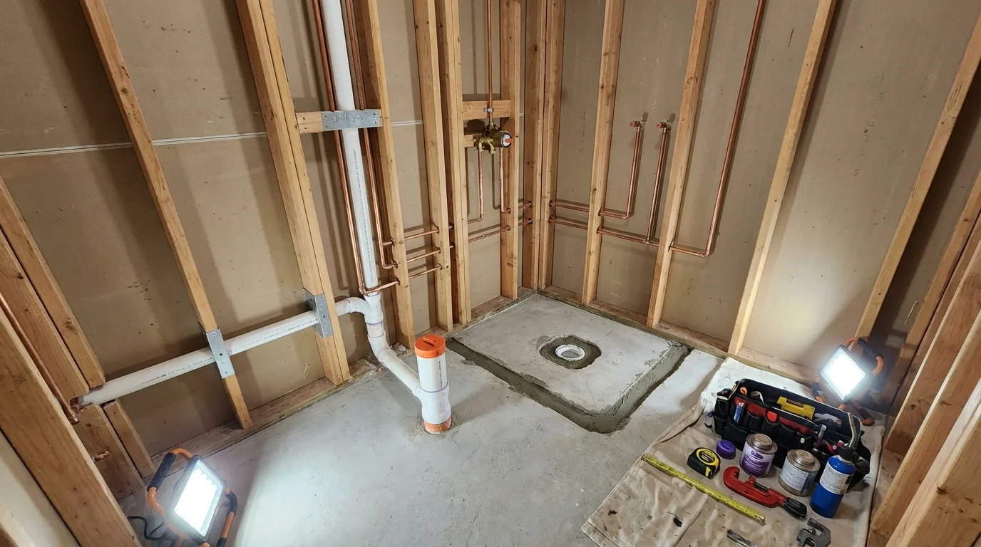 Bathroom rough-in plumbing during remodel by Johns Plumbing LLC in Allyn