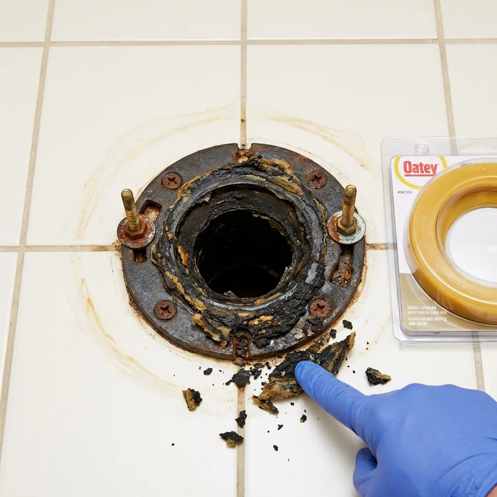 Failed wax ring showing water seepage at the base of a toilet in a Allyn, WA home